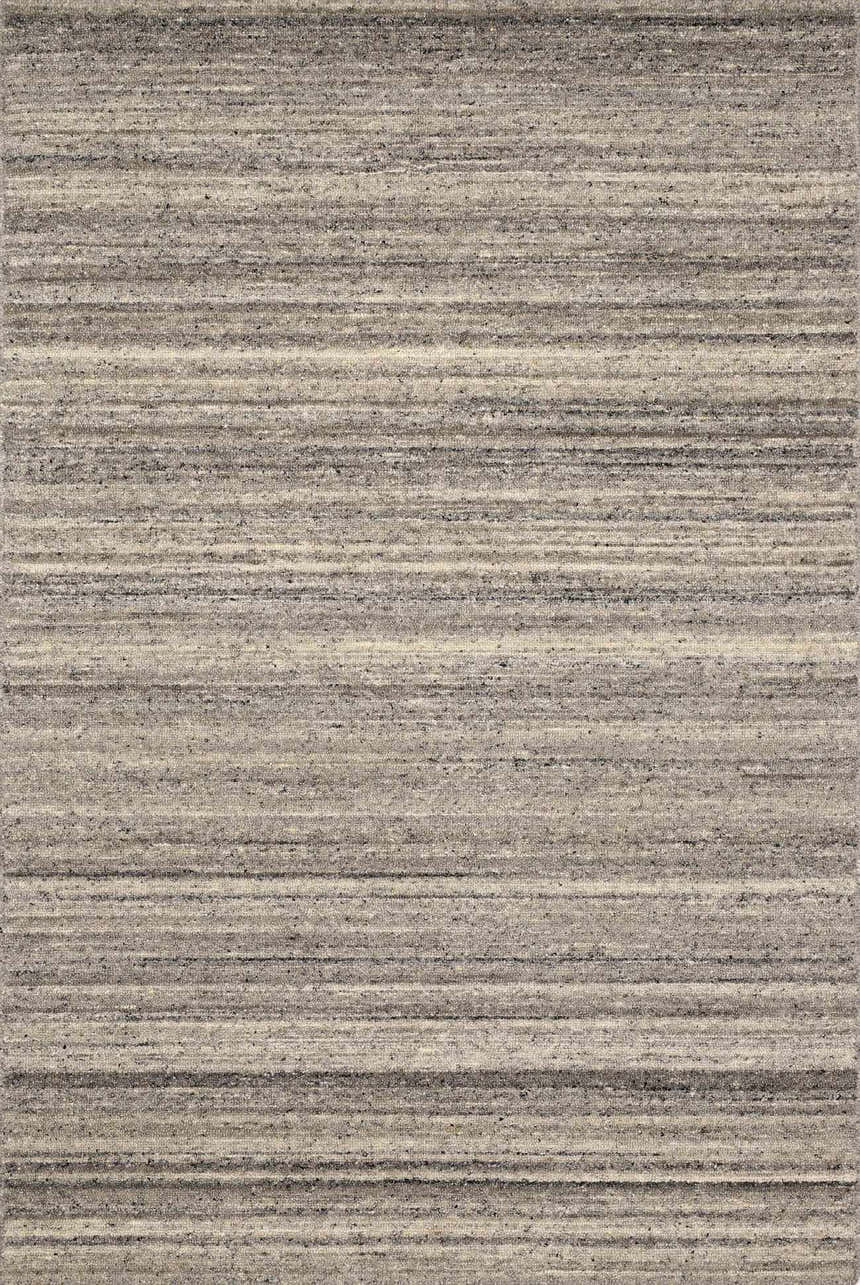 Close-up of the Capote Stone Gray Area Rug. Hand-tufted wool rug with ash, charcoal, and ivory horizontal stripes. Design-Rectangle-23