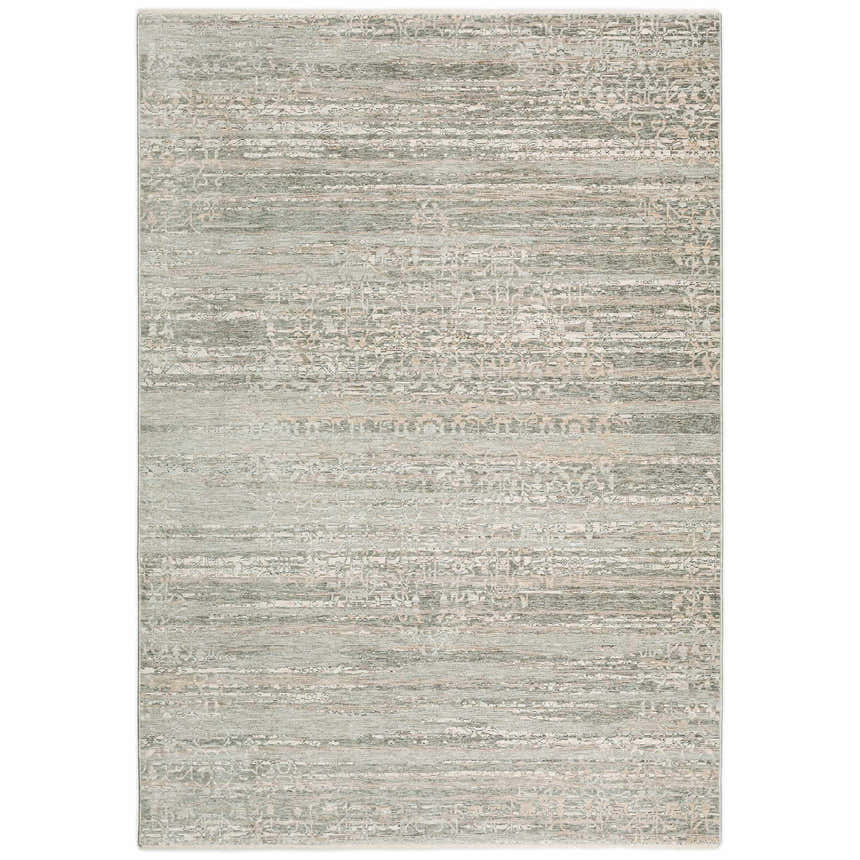Close-up of the Dalyn Regal RG2 Mist Area Rug. Features a distressed traditional pattern in mist, ivory, and chestnut hues.
