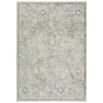 Close-up of the Dalyn Regal RG4 Sky Area Rug. Features a traditional floral pattern in sky blue, navy, and chestnut tones.
