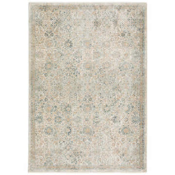 Close-up of the Dalyn Regal RG5 Linen Area Rug. Beige, chestnut, ivory, and light blue traditional floral pattern.