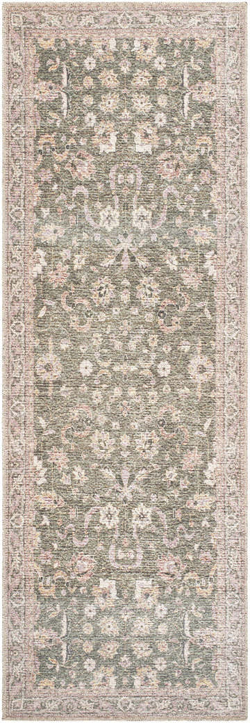 Close-up of the Anando Washable Area Rug. Features a traditional floral pattern in cream, green, orange, and pale pink. Design-Runner-27710