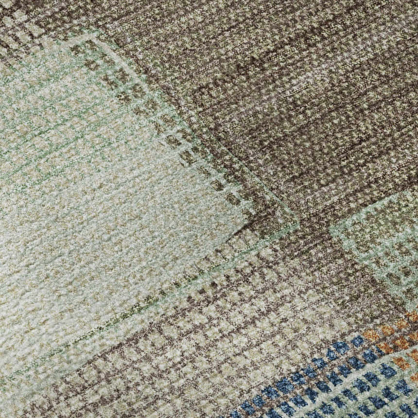 Close-up of Dalyn Luxury Ravenna RN10 Putty Washable Area Rug. Beige, teal, and gold geometric pattern.