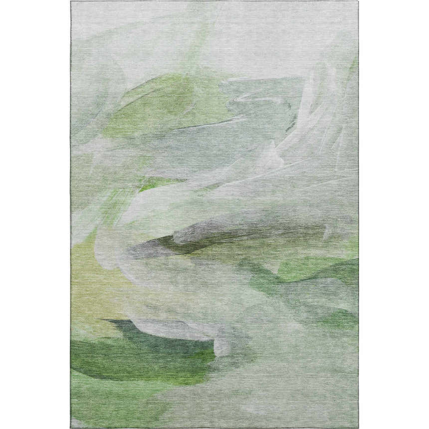 Dalyn Luxury Ravenna RN11 Aloe area rug with abstract green, taupe, and white brushstroke pattern.