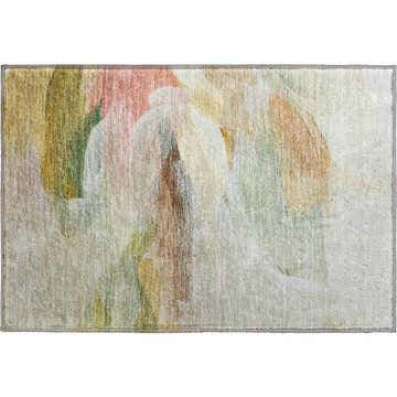 Close-up of the Dalyn Luxury Ravenna RN11 Linen Washable Area Rug. Abstract design in beige, coral, green, and chestnut tones.