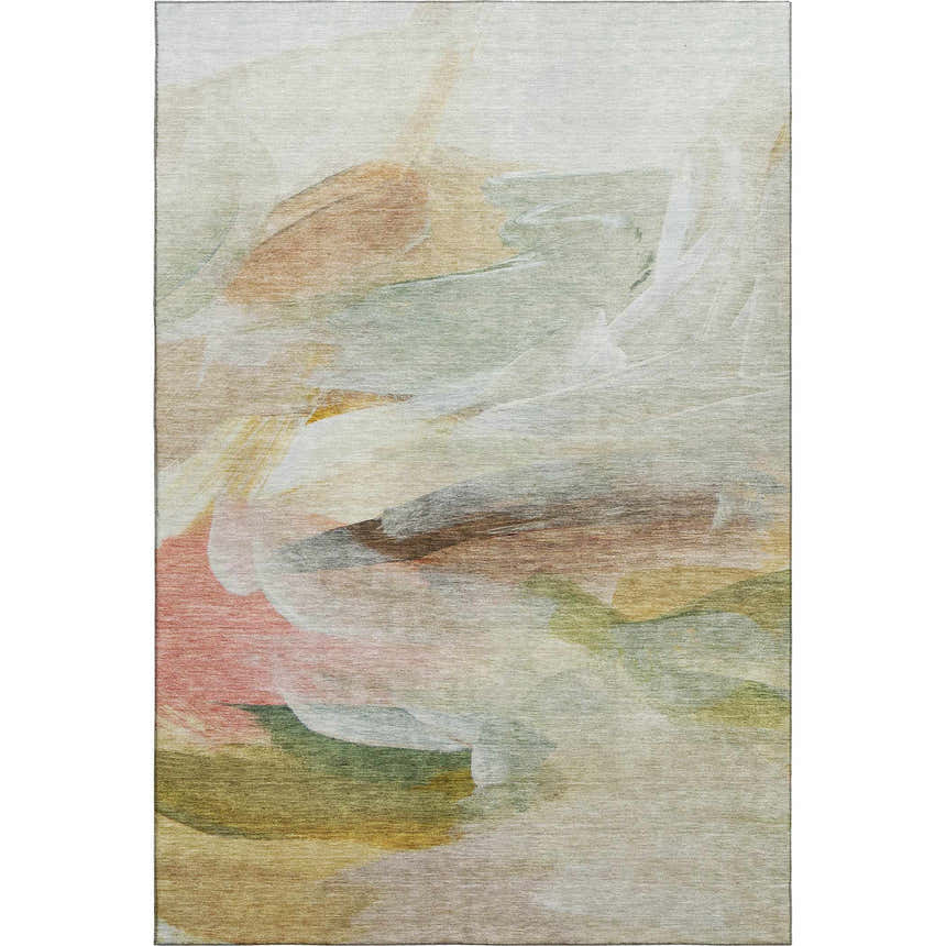 Close-up of Dalyn Luxury Ravenna RN11 Linen Washable Area Rug with beige, green, coral, and chestnut abstract design.