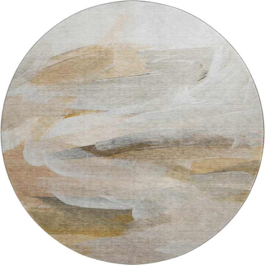 Close-up of round Dalyn Luxury Ravenna RN11 Taupe Washable Area Rug with beige, gold, ivory, and rust brushstroke design.