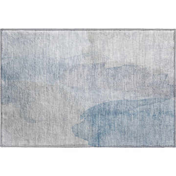 Close-up of Dalyn Luxury Ravenna RN12 Sky Washable Area Rug. Denim, silver gray, and sky blue abstract pattern.