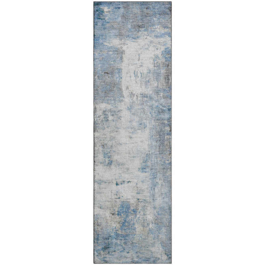Dalyn Luxury Ravenna RN1 Blue Washable Area Rug. Runner rug with a distressed denim, light blue, and silver gray pattern.
