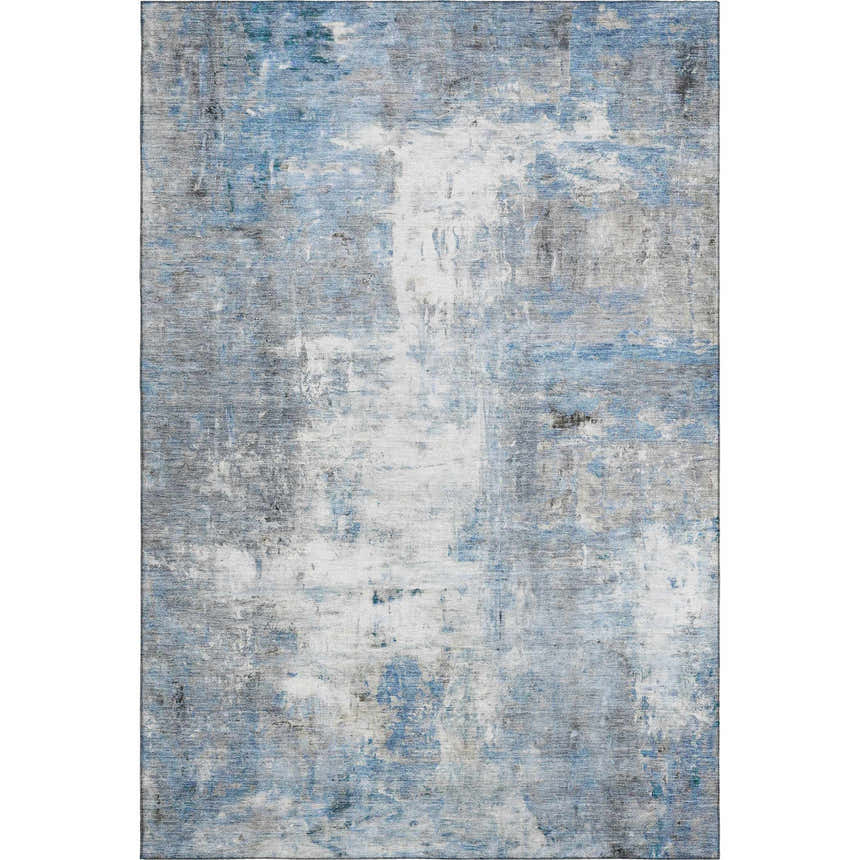 Close-up of the Dalyn Luxury Ravenna RN1 Blue Washable Area Rug featuring a distressed denim, gray, and white abstract design.