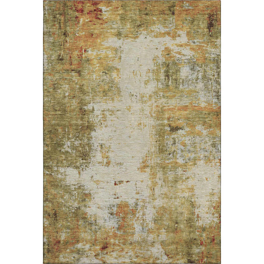 Dalyn Luxury Ravenna RN1 Olive Washable Area Rug, with beige, caramel, gold, and green abstract design.