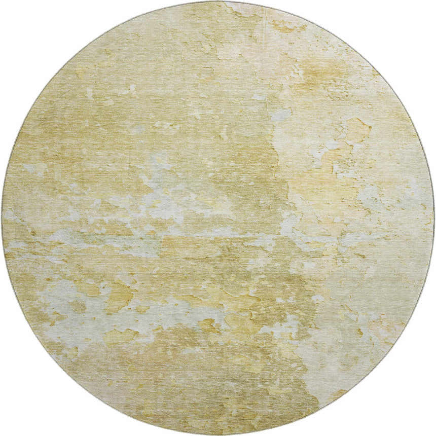 Round Dalyn Luxury Ravenna RN3 Gold Washable Area Rug with a distressed gold, green, and muted sage pattern.