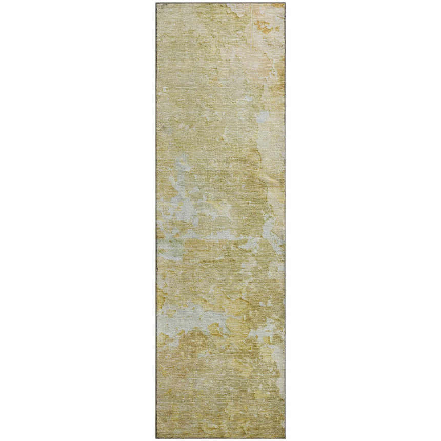 Dalyn Luxury Ravenna RN3 Gold Washable Area Rug with a muted sage, charcoal, peach, and sky blue distressed design.