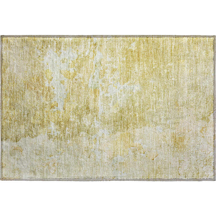Dalyn Luxury Ravenna RN3 Gold Washable Area Rug, a close-up showing its gold, white, and muted design.