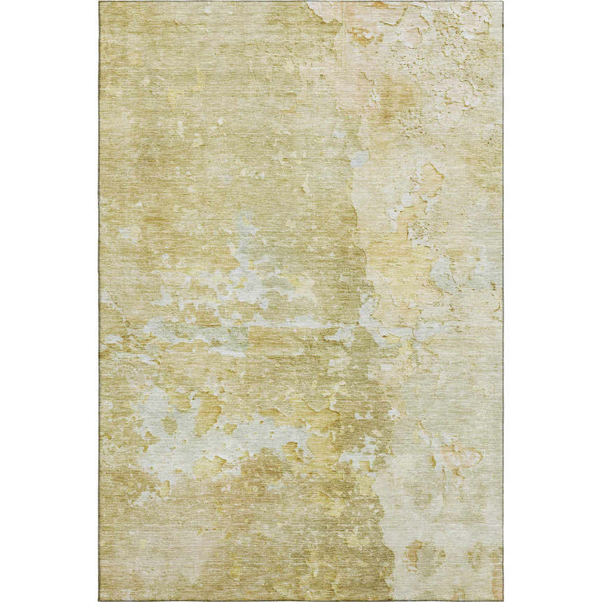 Dalyn Luxury Ravenna RN3 Gold Washable Area Rug with a distressed gold, green, and muted sage abstract pattern.
