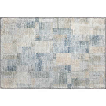 Dalyn Luxury Ravenna RN4 Denim Washable Area Rug with beige, denim, and light blue geometric block pattern.