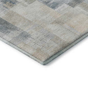Close-up of the Dalyn Luxury Ravenna RN4 Denim Washable Area Rug showing beige, denim, and chestnut patchwork design.