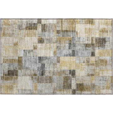 Close-up of Dalyn Luxury Ravenna RN4 Granite Washable Area Rug. Beige, gold, and gray geometric patchwork design.