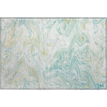 Close-up of the Dalyn Luxury Ravenna RN8 Sky Washable Area Rug, featuring a marbled pattern in denim, gold, and sky blue.