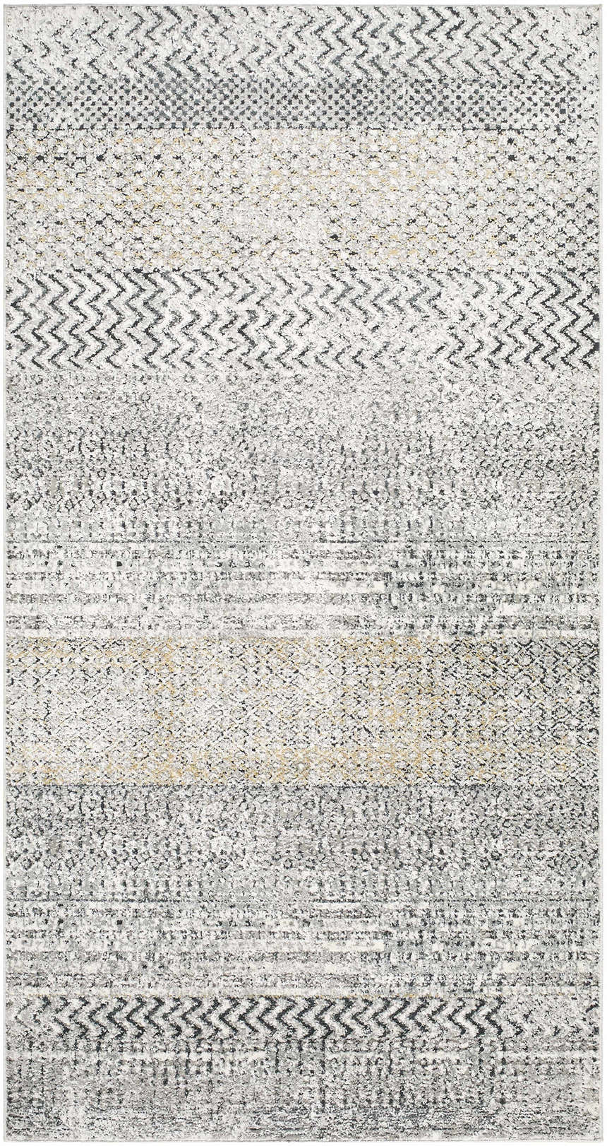 Close-up of the Rombauer Area Rug featuring charcoal, gray, and mustard geometric patterns. Contemporary style. Design-Rectangle
