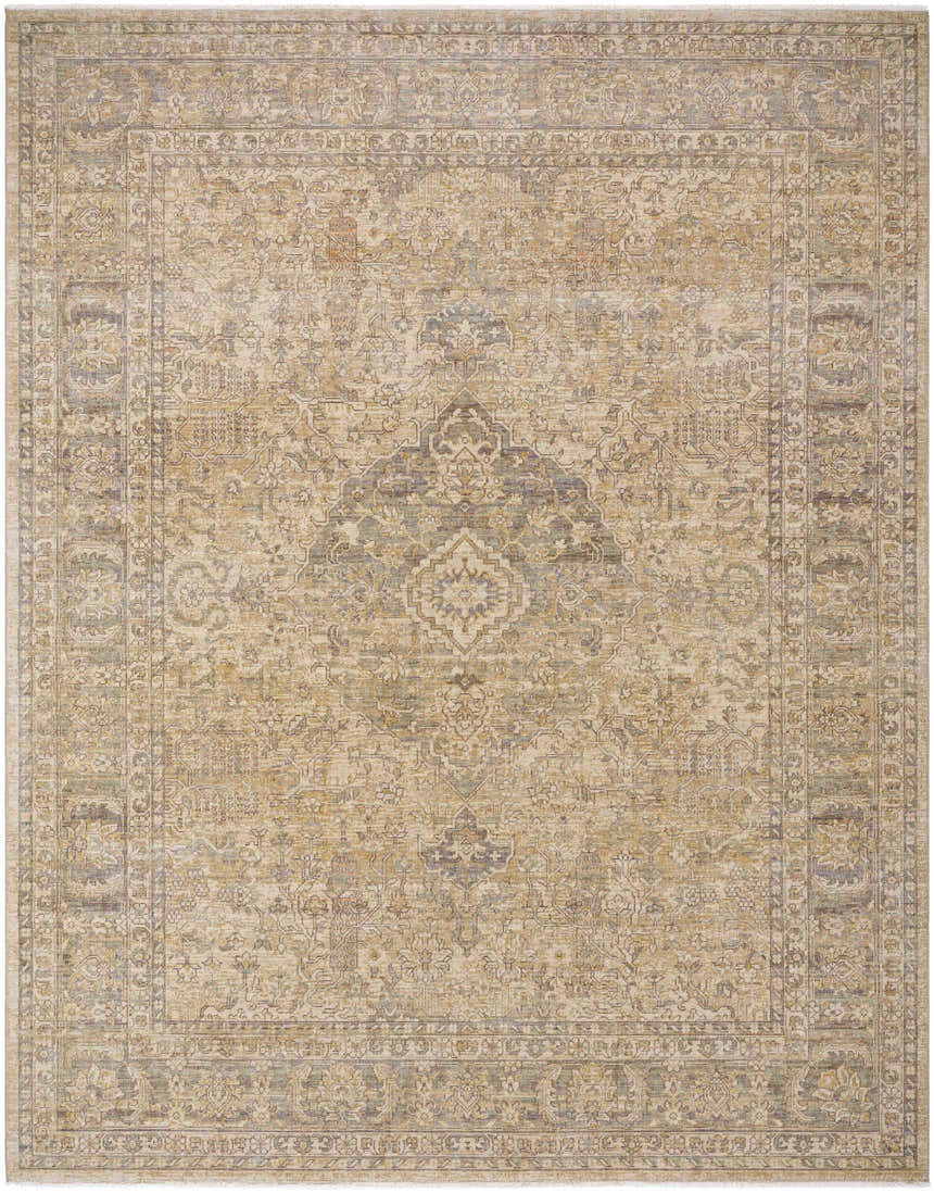 Detailed view of the Lijuo Tan Medallion Wool Area Rug. Farmhouse style rug with light blue, sage, and tan colors. Hand crafted wool rug. Design-Rectangle-710910