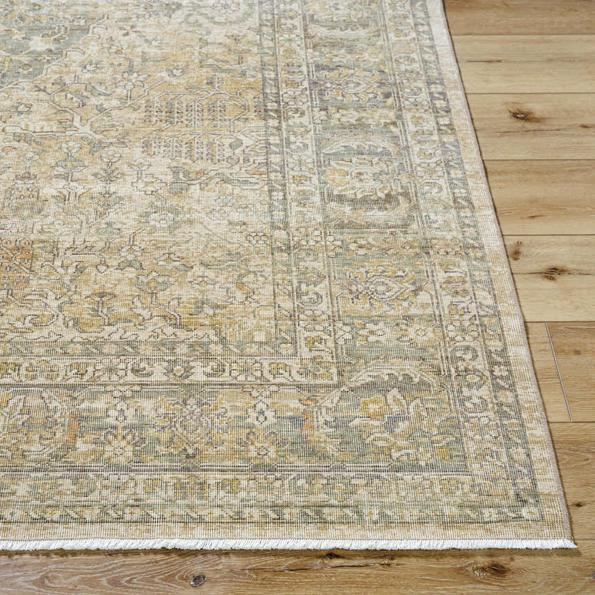 Close-up of the Becki Beige Owens x Livabliss Renaissance Area Rug showing its traditional pattern and wool texture. Front