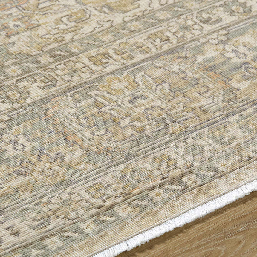 Close up of Becki Beige Owens x Livabliss Renaissance Area Rug showing wool texture and traditional beige, tan, and brown pattern. Texture