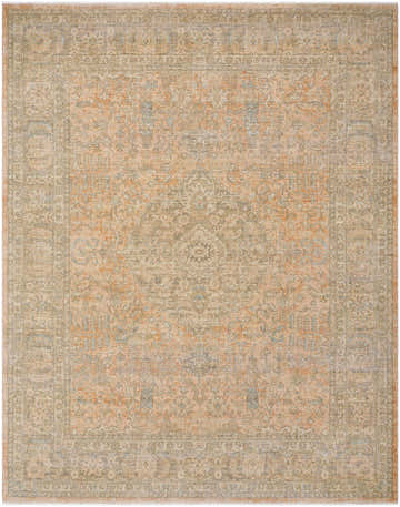 Close-up of the hand-crafted Riley Orange Area Rug. Farmhouse style with traditional floral and geometric patterns in orange, green, and sage. Design-Rectangle-710910