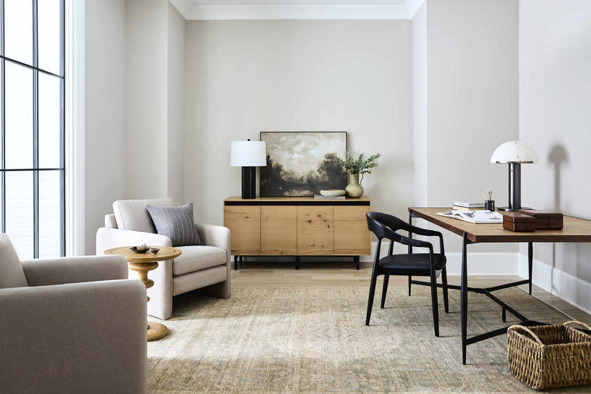 Becki Owens x Livabliss Renaissance BORI-2302 rug in a neutral home office with beige chairs and wood desk. Farmhouse style. Roomscene-Rectangle