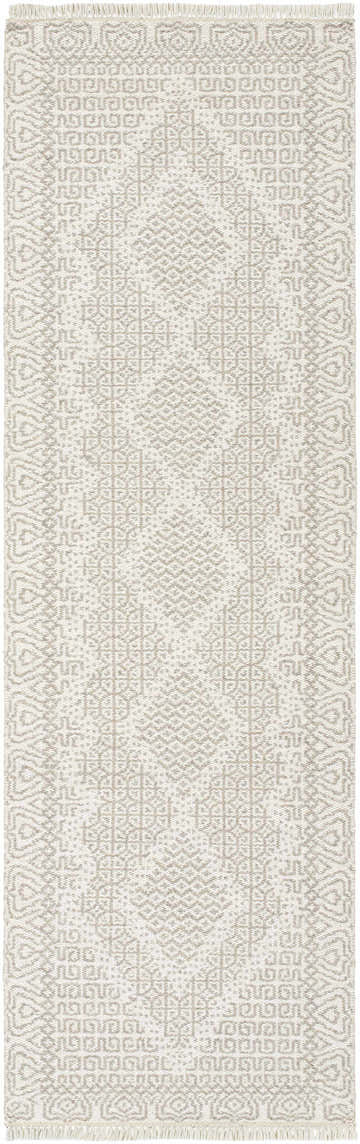 Close-up of the hand woven Rumi Area Rug. Beige and gray geometric pattern on 100% wool with fringe. Farmhouse style. Design-Runner-268
