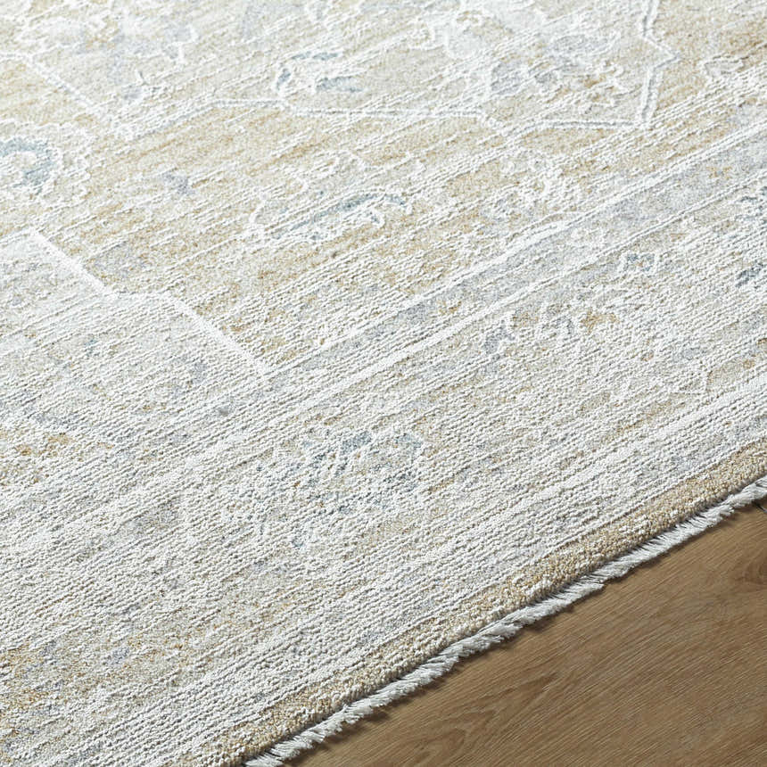 Close up of Rhody Luxe Rug in light silver and sterling gray, showing traditional pattern and soft texture. Texture