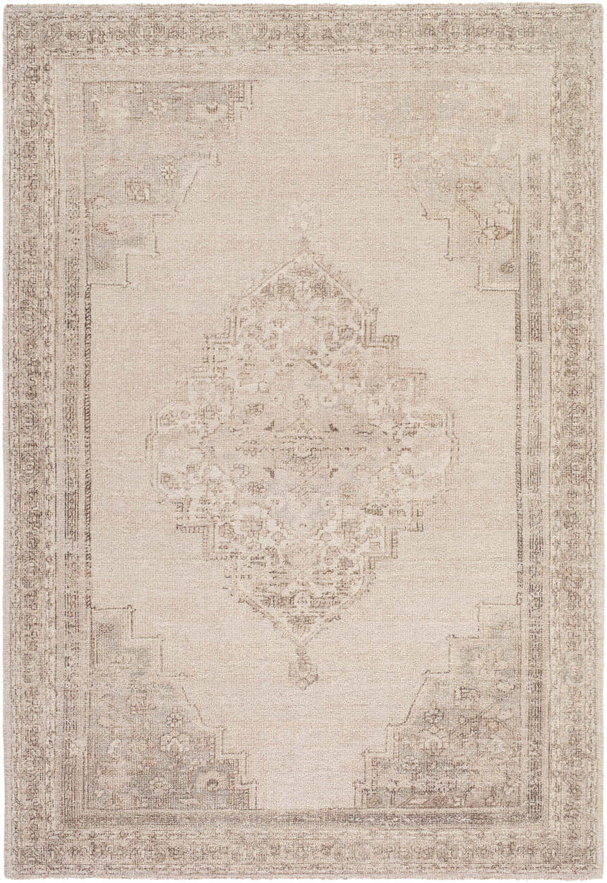 Close-up of the beige Luciana III Traditional Medallion Area Rug featuring a dark brown ornamental border and central medallion. Design-Rectangle-576