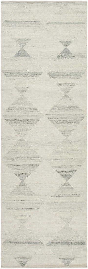 Close-up of the Rakin Ivory Area Rug. Hand-woven wool rug with a pearl color and geometric diamond pattern. Design-Runner-268
