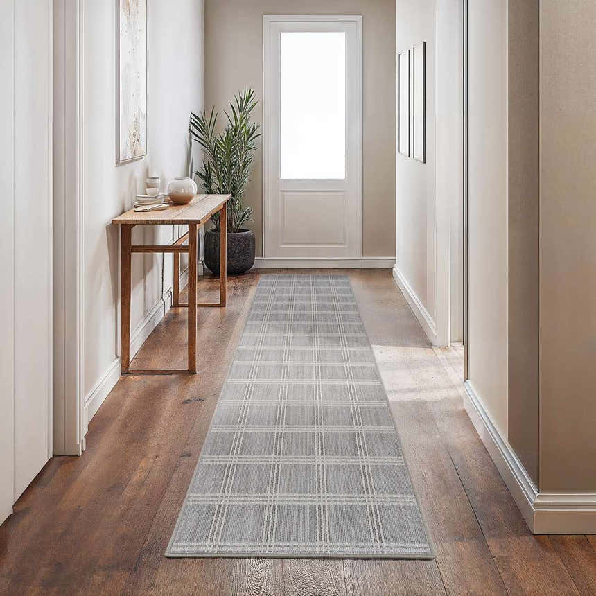 Oretha Light Gray Checkered Cut and Sew Custom Runner Rug