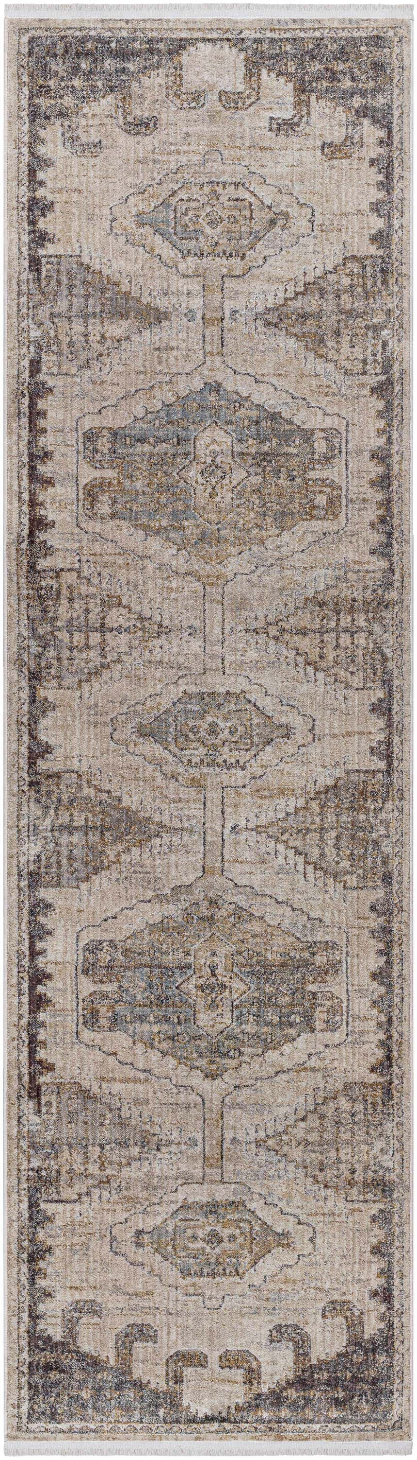 Close-up of Livabliss Aida AAD-2303 runner rug. Beige, gray, and ivory traditional rug with a farmhouse pattern. Design-Runner-279
