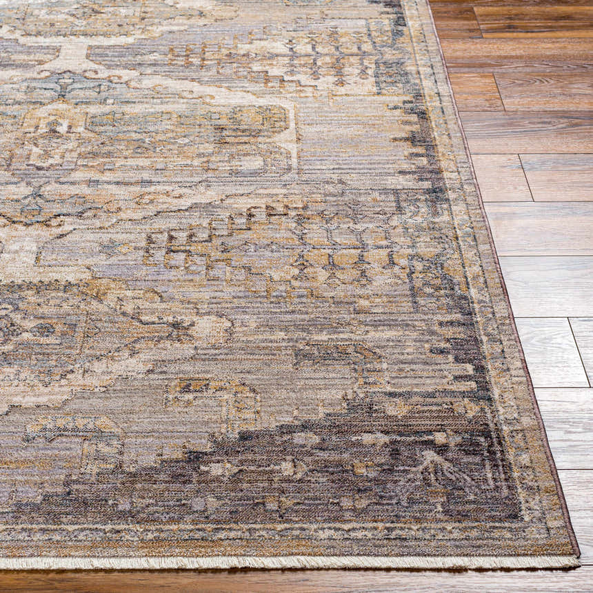 Close up of the Livabliss Aida AAD-2303 rug. Traditional design in beige, gray, ivory, and tan colors. Machine woven texture. Front