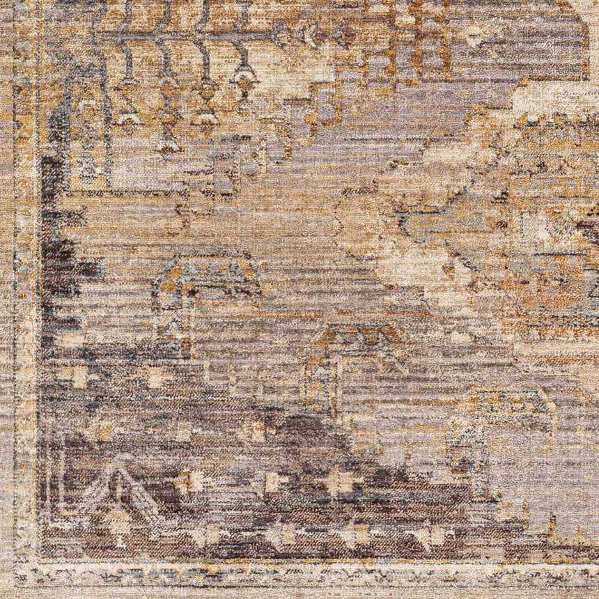 Close-up of the Livabliss Aida AAD-2303 rug. Machine woven polyester rug in beige, gray, ivory, tan. Traditional farmhouse style. Swatch