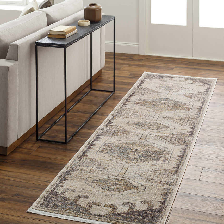 Living room scene with beige sofa and Livabliss Aida AAD-2303 runner rug in beige, gray, and ivory on wood floor. Roomscene-Runner
