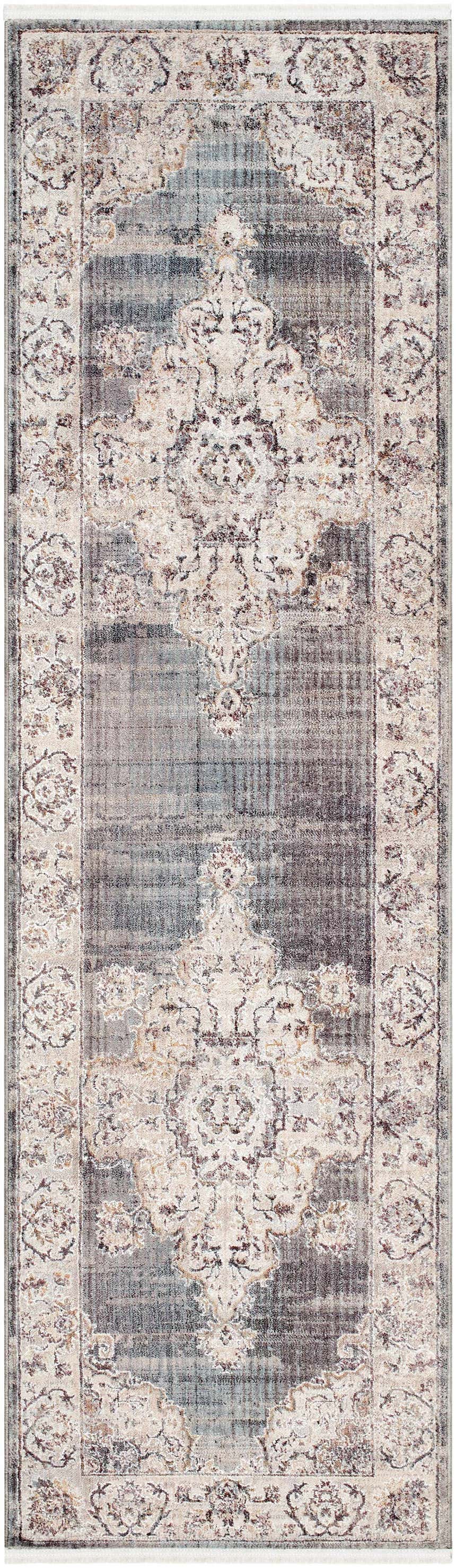 Close-up of the Crea Gray Zola Area Rug, a traditional runner with a charcoal, gray, and ivory floral pattern. Design-Runner-279