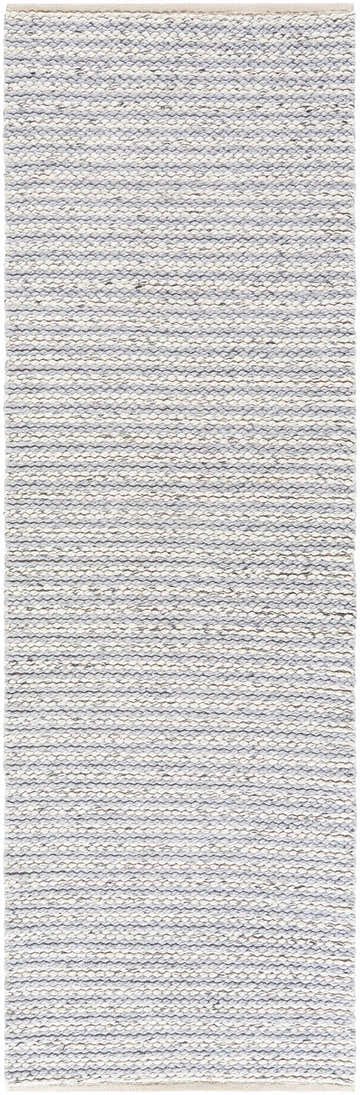 Close-up of the hand-woven Ebrar Area Rug. Light gray wool and polyester blend with a textured, traditional design. Design-Runner-268