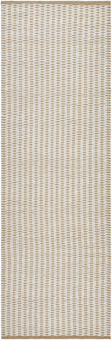 Close-up of the Ieuan Area Rug. Hand-woven wool rug in beige and bone with a textured, farmhouse design. Design-Runner-268