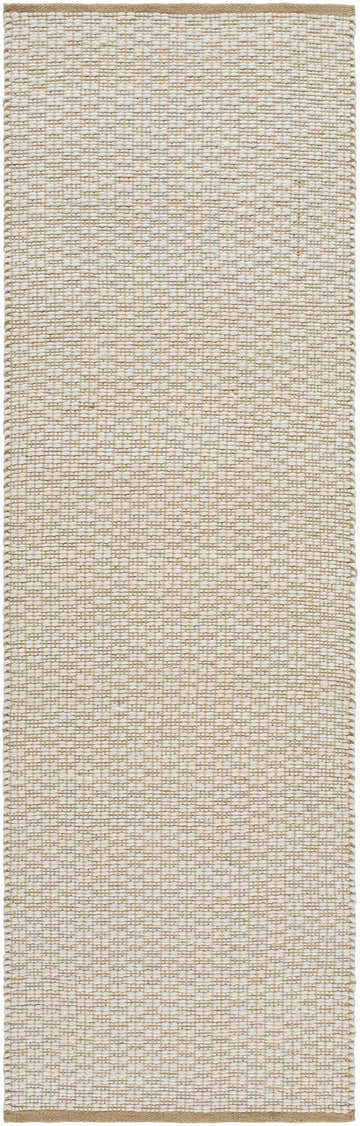 Close-up of the Inoke Area Rug. Hand-woven wool rug in lambswool and light brown with a subtle textured pattern. Design-Runner-268