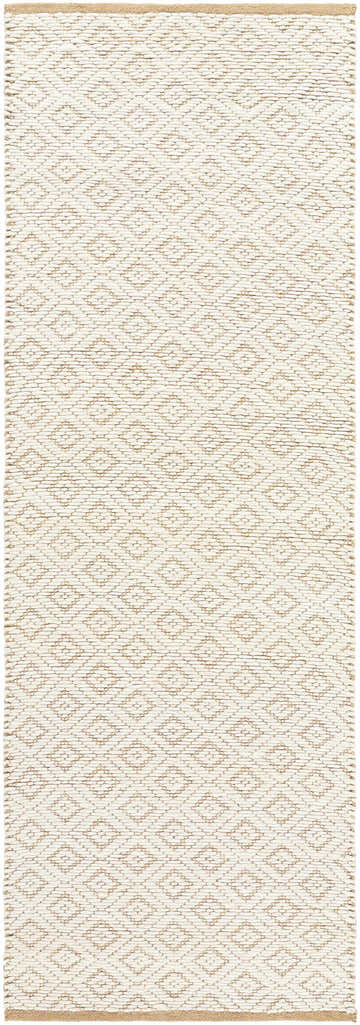 Close-up of the hand woven Irela Area Rug. Jute and wool rug with a beige diamond pattern. Farmhouse style. Design-Runner-268
