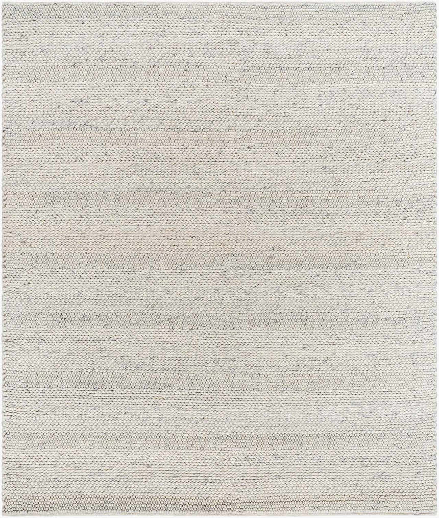 Close-up of the Salvo Luxury hand woven wool area rug. Cream and ivory natural fiber weave texture. Design-Rectangle