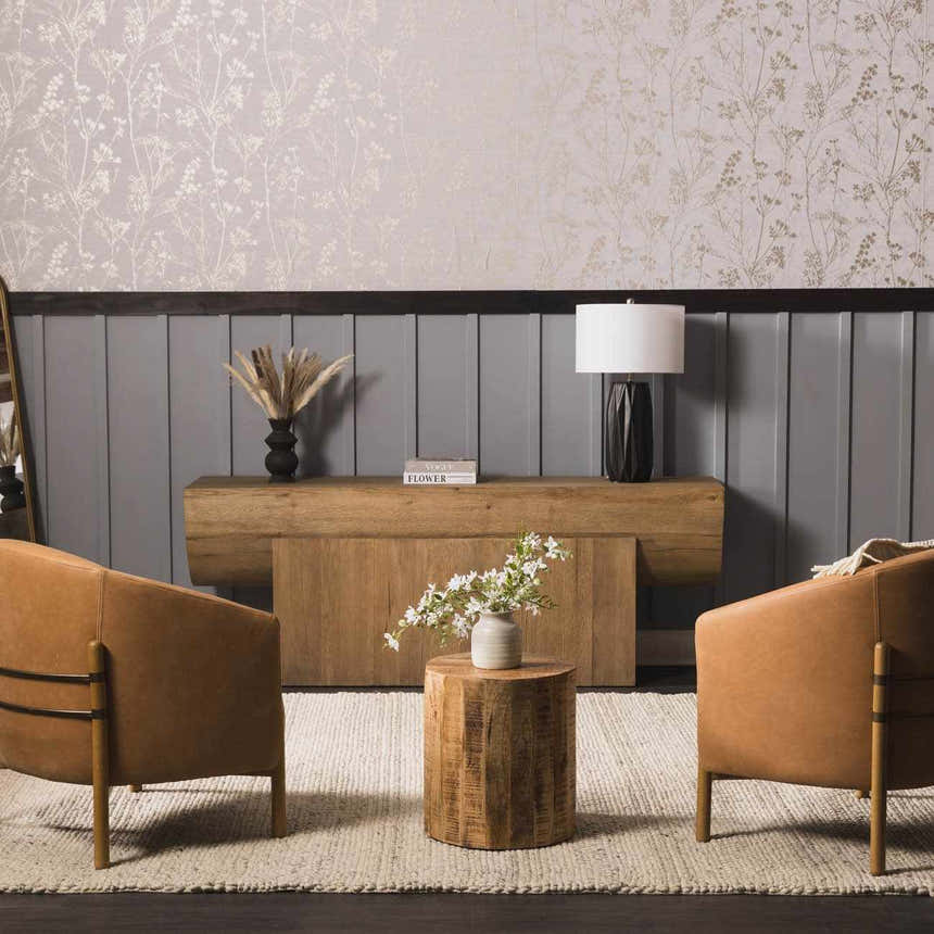 Living room scene with tan leather chairs and cream Salvo Luxury Hand Woven Wool Area Rug. Roomscene-Rectangle