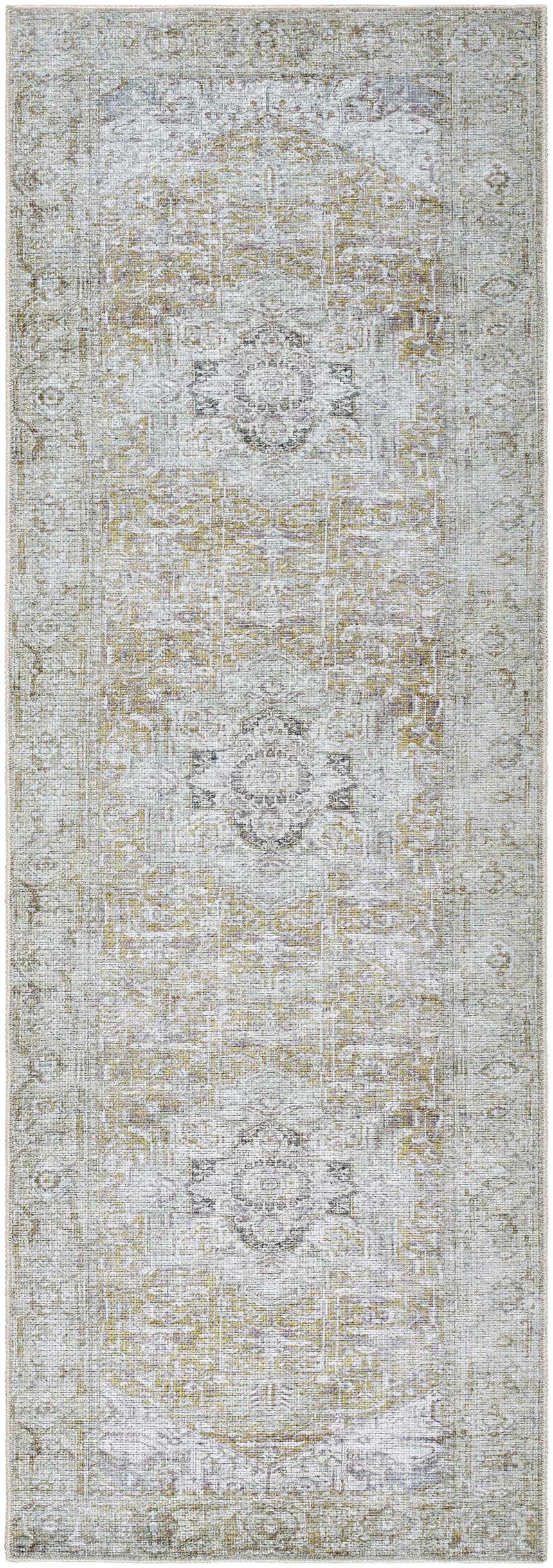 Close-up of Amato Mustard Washable Area Rug. Farmhouse style runner rug with traditional geometric pattern and mustard yellow accents. Design-Runner-2773