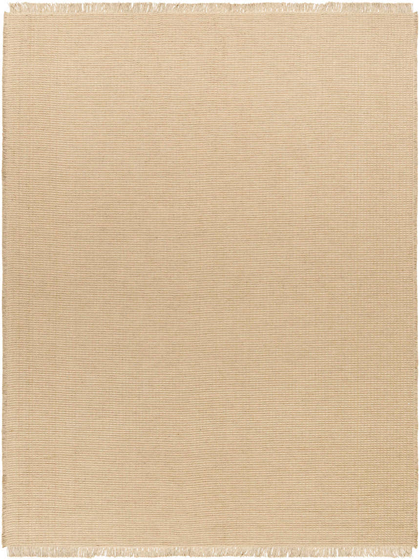 Close-up of the light brown Kimi Machine Woven Becki Owens x LIVABLISS Area Rug featuring a jute texture and fringed edges. Design-Rectangle-71010