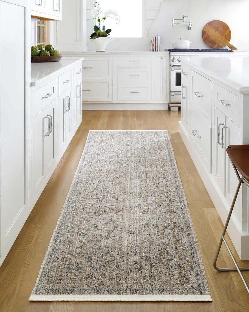 Farmhouse kitchen with white cabinets and Ren Becki Owens runner rug in black, blue, and brown. Roomscene-Runner