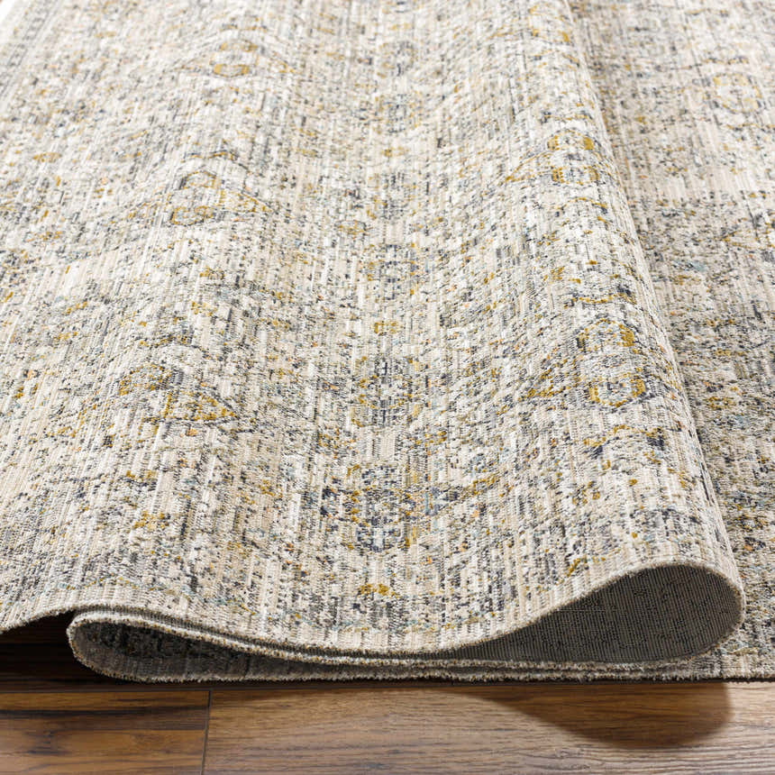 Close-up of the Ren Outdoor Becki Owens x LIVABLISS BOMG-2306 washable rug showing its taupe, blue, and black traditional pattern. Texture