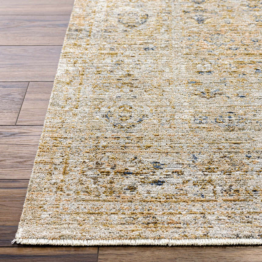 Close-up of Ren Outdoor Becki Owens x LIVABLISS BOMG-2309 rug. Taupe, brown, and blue farmhouse design. Washable. Front