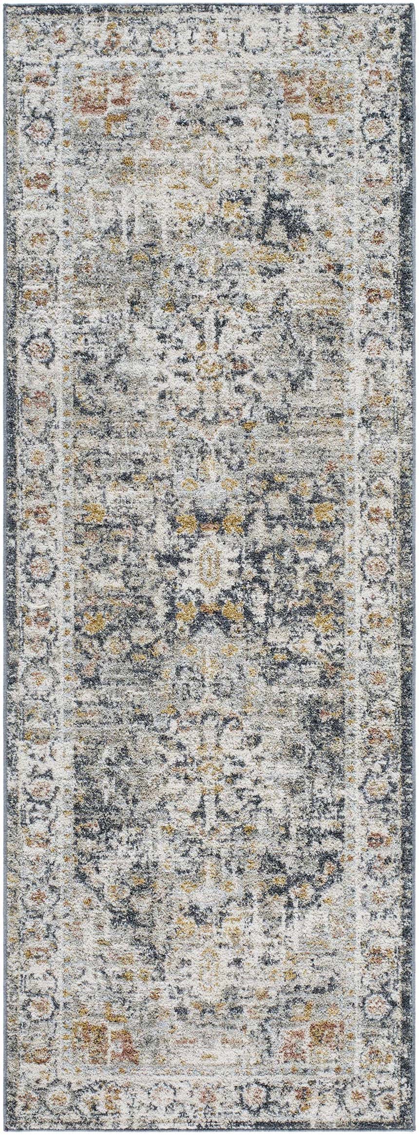 Close-up of the Ivria Navy & Rust Area Rug. Traditional farmhouse style with light gray, natural gray, rust, and navy colors. Design-Runner-2773